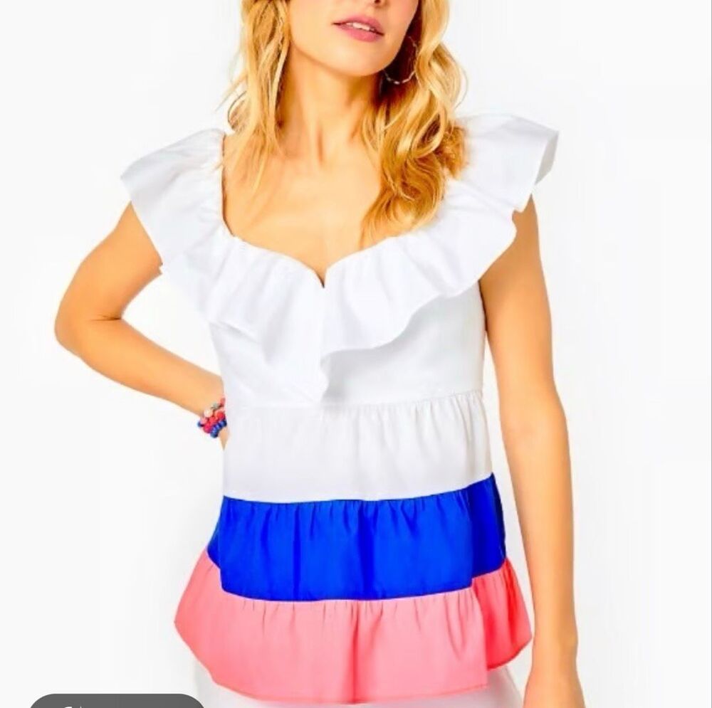 Lilly Pulitzer Emie Ruffle Top Resort White/Borealis Coral Color-Block size 12